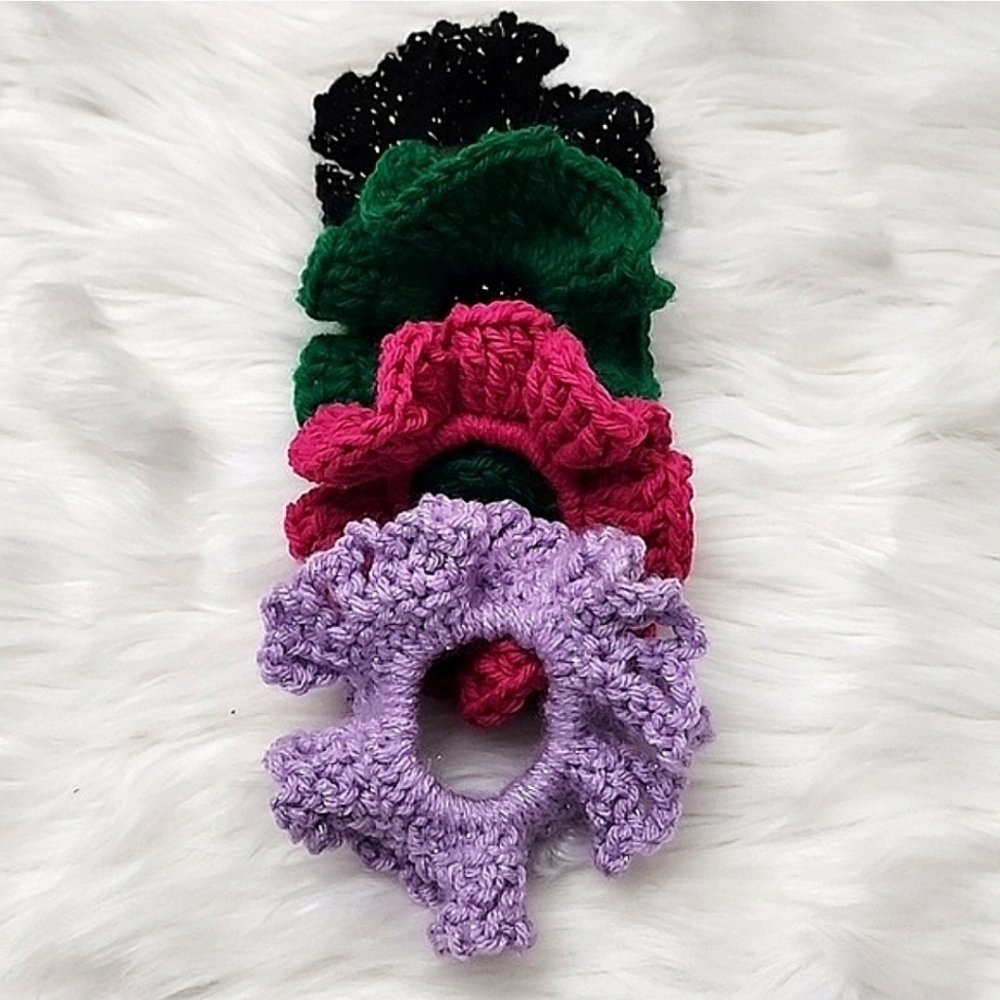 Handmade Textured Crocheted Scrunchies Ponytail Holder Hair Tie Set Of 4 - New - Picture 3 of 11